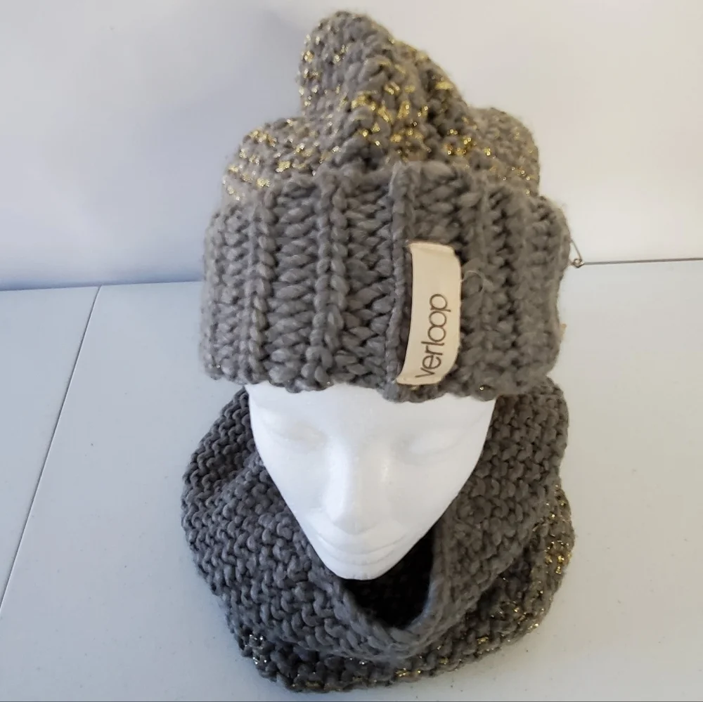 Verloop Knit Hat and Neck Scarf Set Gray and Metallic Slouchy Skull Cap Cowl